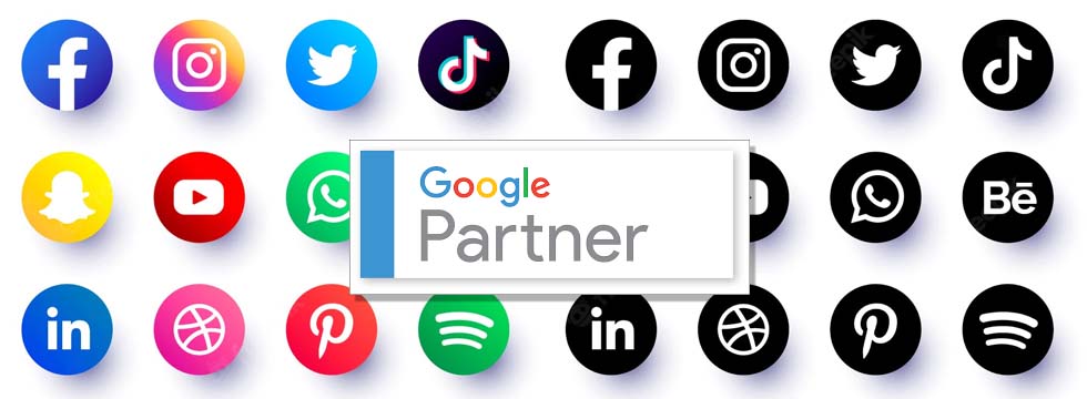 Internet Advertising with icons of Social Media and the Google Partner Logo