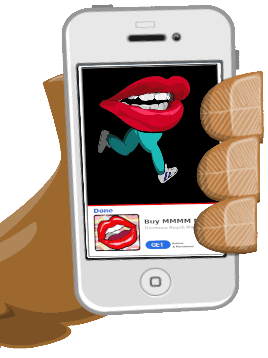 Cartoon owl hand with a phone displaying a download now game advertisement playing while you're playing another game. The video of the MMMM lips with blue jeans and shoes are running with internet zooming past in the background. - Games and Apps Digital Advertising - MMMM Mo` Money Mo` Mojo! - 323-907-5069 Hermosa Beach Marketing, LLC Los Angeles, CA