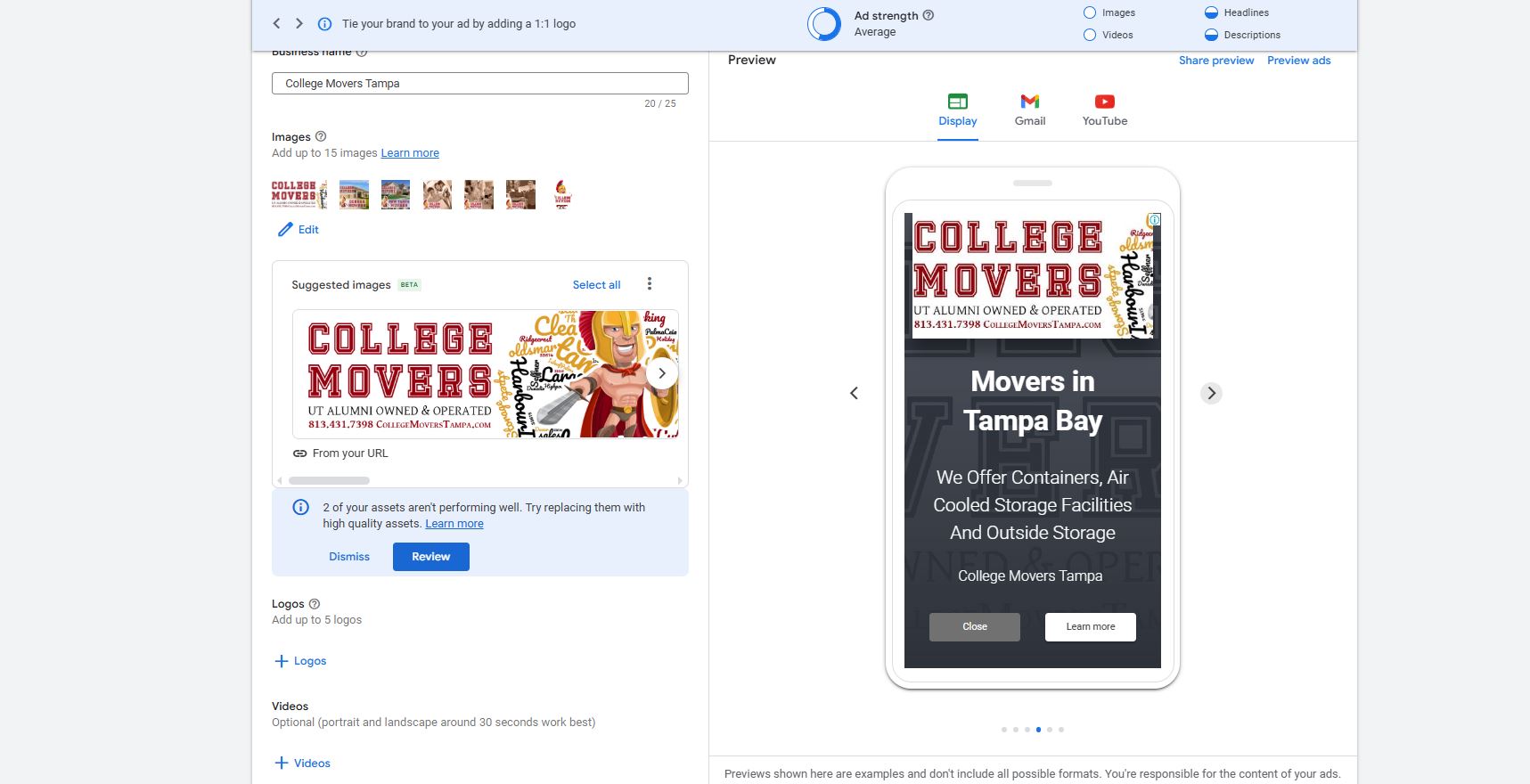 Screenshot of the Amount Spent Section for Google Ads Display Network, and the Occasional Ad Generated that Will Display.