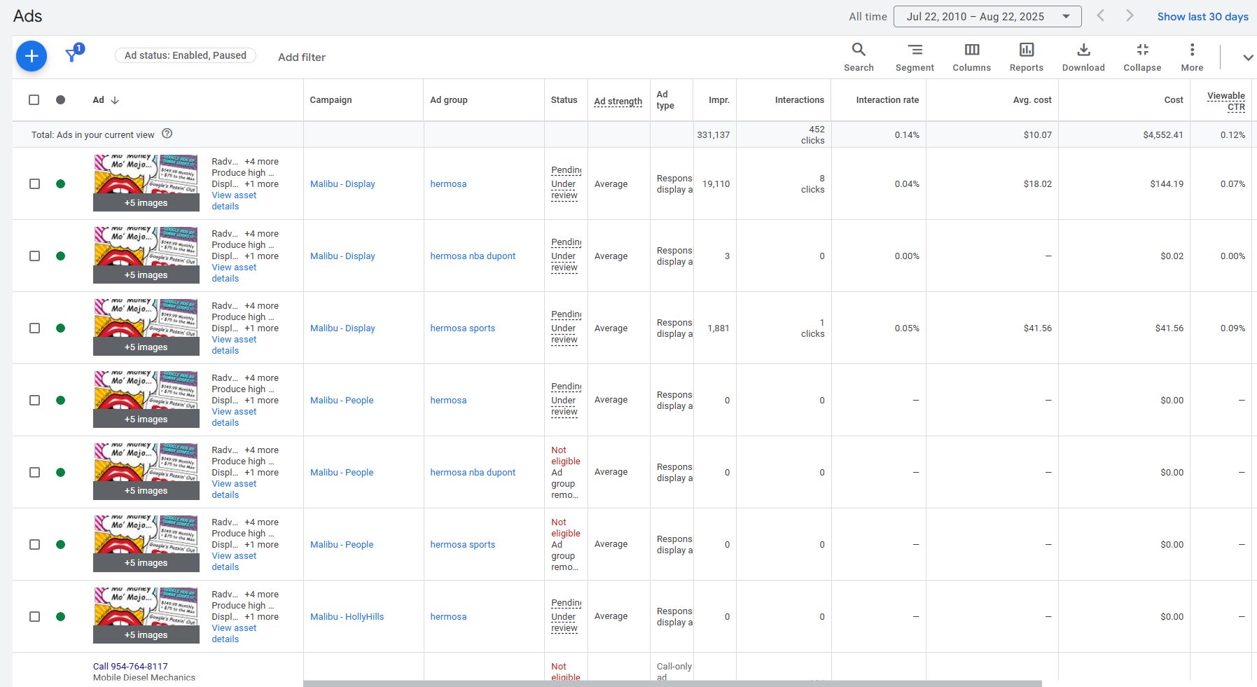 Screenshot of the Amount Spent Section for Google Ads Display Network, and the Occasional Ad Generated that Will Display.