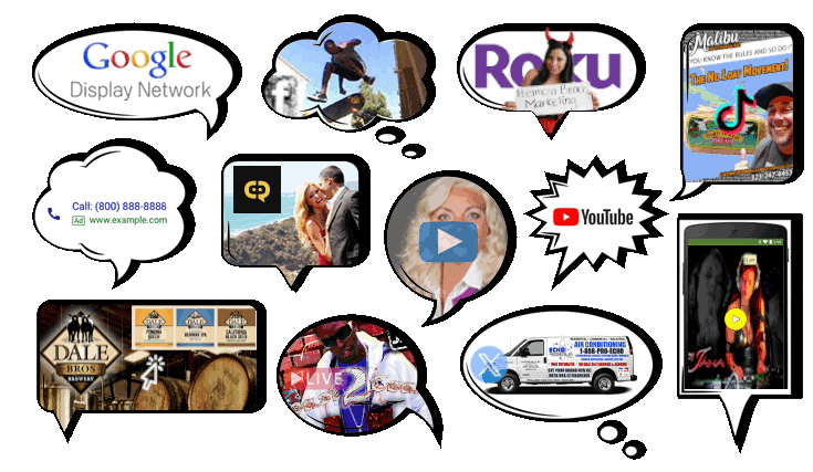 Thought Bubbles with Artist, Small Business, and Portfolio advertisements in them. - 323-907-5069 Hermosa Beach Marketing, LLC Los Angeles, CA