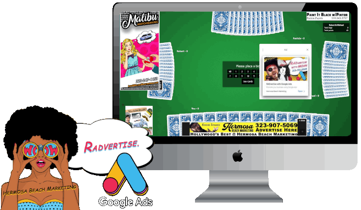 Female with retro hair afro looking in binoculars with the letters wow in them. A thought bubble behind with the word Radvertise and Google Ads logo _ Behind is a iMac with solitaire game going on and popup and digital ads on all sides.- Photo and Video Digital Advertising - RADvertise - 323-907-5069 Hermosa Beach Marketing, LLC Los Angeles, CA