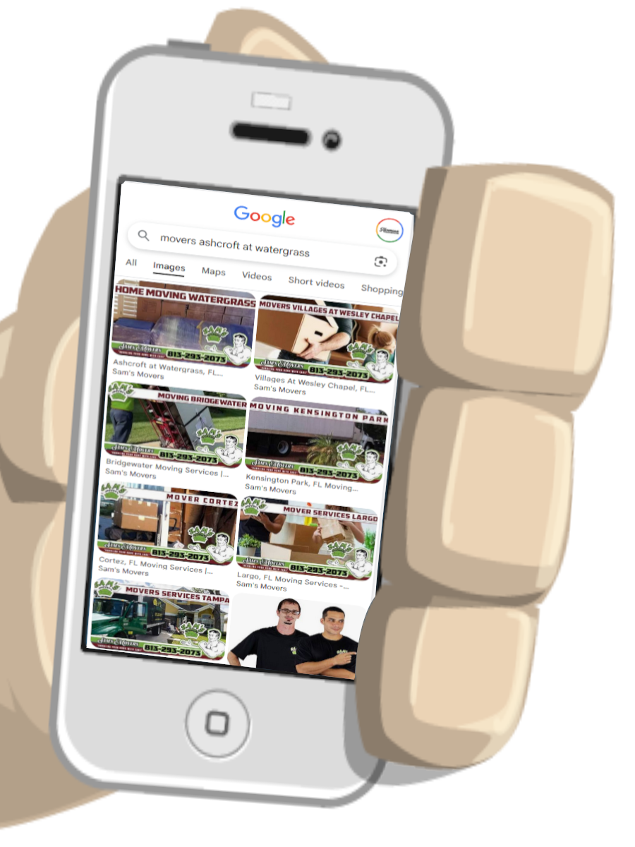 A cartoon hand of a bulldog holding a phone. The search results for movers aschroft at watergrass display 8 Sam's Movers photos. A screenshot of The Presidential Power Package, It is a monthly subscription bundle including seo internet marketing, website admin, and sales material creation - Hermosa Beach Marketing, LLC. - Los Angeles, CA