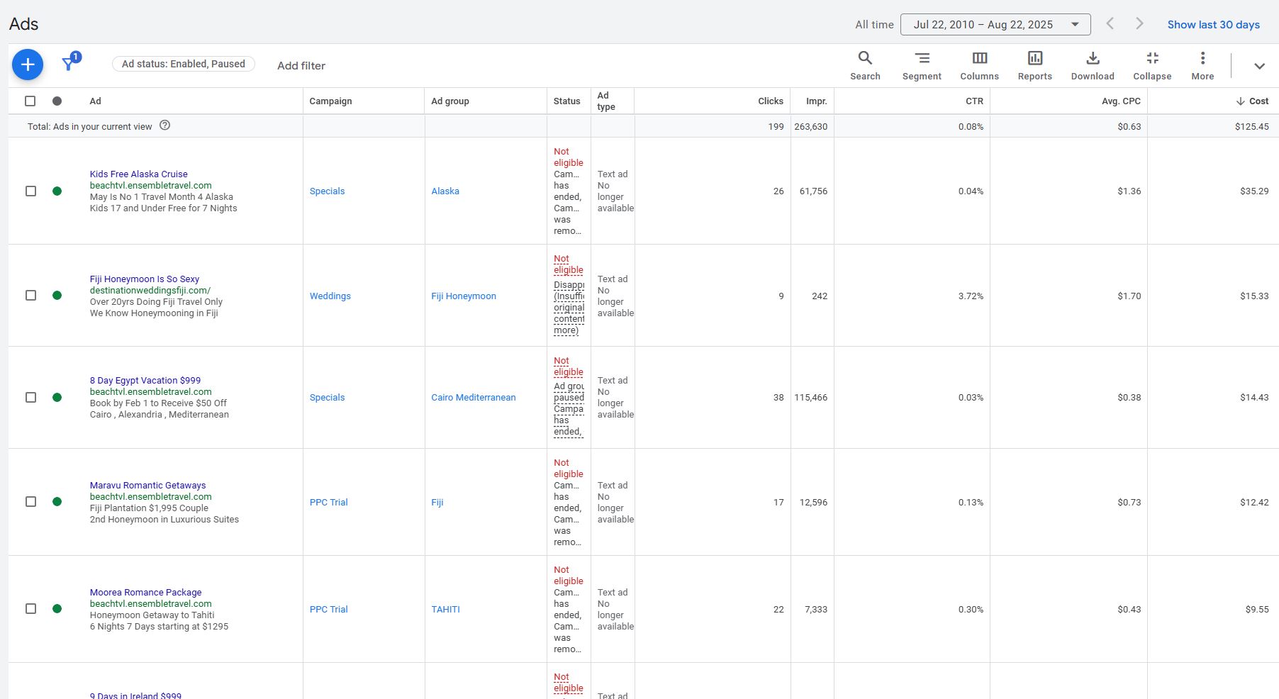 Screenshot of the Amount Spent Section for Google Ads Displaying the Ads for Managed Customers and How Much They Cost them.