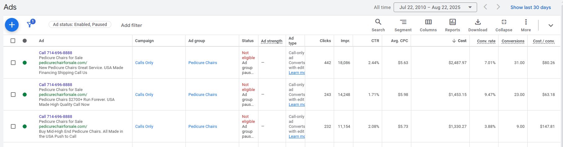 Screenshot of the Amount Spent Section for Google Ads Displaying the Ads for Managed Customers and How Much They Cost them.