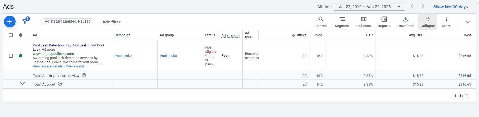 Screenshot of the Amount Spent Section for Google Ads Displaying the Ads for Managed Customers and How Much They Cost them.