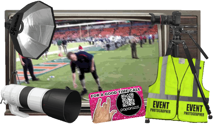 Photo of photography equipment, tripods, event vest, and paparazzi card ALL sitting in front of a TV with a video playing of photographer Ralph dancing on the football sidelines with college chearleaders - Sports, Concert, Live Venue Photography, Paparazzi, Red Carpet Photo Editing - 323-907-5069 Hermosa Beach Marketing, LLC - Los Angeles, CA - Las Vegas, NV - Miami, FL