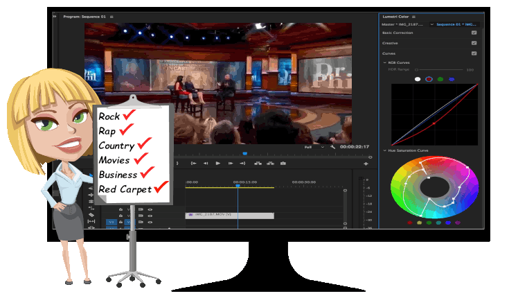 Cartoon photo of "Shift-kit Nina" giving a presentation in front of a computer monitor with editing software displaying a video. "Shift-kit nina" displays categories of video editing in order - rock, rap, country, movies, business, red carped. The computer monitor displays video editing work on Dr. Phil for Sherri Murphy's Elite Connections Matchmaking Agency. - Video Editing Services - Video Editors, Line Production, Color Correction, DVD Authoring - 323-907-5069 Hermosa Beach Marketing, LLC Hollywood, Los Angeles, CA