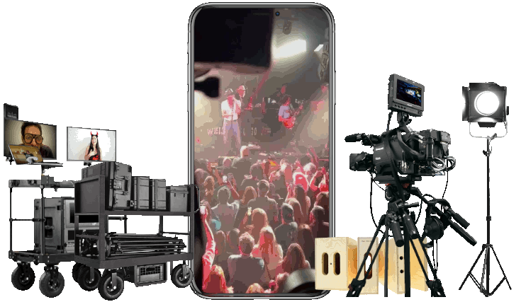 Photo of DIT equipment, production carts, apple boxes, a camera on a tripod, and a C-stand with light. All objects accent a large cartoon cell phone at center stage displaying a looping video. In the video is a $300k+ video camera setup using a cannon still camera and audio rig. The person in the video being filmed is Tim McGraw. Video Production Services - Live Event Audio Visual Stagehand Technicians - 323-907-5069 Hermosa Beach Marketing, LLC Los Angeles, CA
