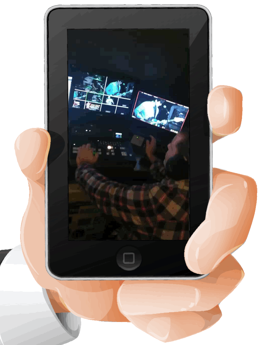 Cartoon Hand of "Alfredo Sauce" holding a large cartoon cell phone. The cell phone displays a looping video of a man using a live video switcher to line produce a live music video or broadcast direct to TV with Executives at Hermosa Beach Marketing photo afterward - Video Production Services - DIT, Music Videos, Live Broadcasting Video Switch Operators - 323-907-5069 Hermosa Beach Marketing, LLC Los Angeles, CA