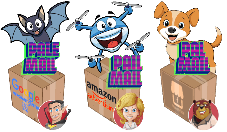 3 boxes delivered with logos and cartoon faces in circles on them. One says "Pale Mail" with a cartoon bat, Google Merchant Center Logo, and cartoon Dracula face. One says "Pail Mail" with a cartoon smiling drone and a cartoon lady face. One says "Pal Mail" with a dog and a cartoon bear face. - 323-907-5069 Hermosa Beach Marketing, LLC Los Angeles, CA