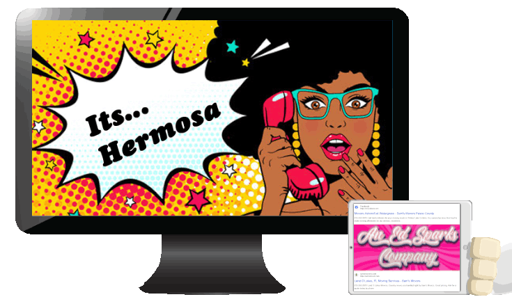 Text And Search Digital Advertising - Ring Ring It's Hermosa - 323-907-5069 Hermosa Beach Marketing, LLC Los Angeles, CA - It's Hermosa in Retro Speaking Bubble with shocked girl on the phone with afro inside a computer screen. Cartoon polar bear hands hold up tablet with search results and pink baseball letters that say An Ed Sparks Company.